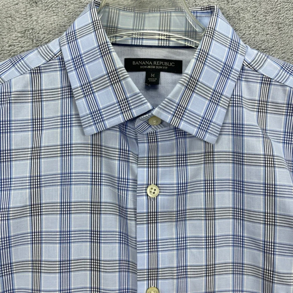 Banana Republic Button Down Men Medium Blue Plaid Non-Iron Slim Fit Long Sleeve
